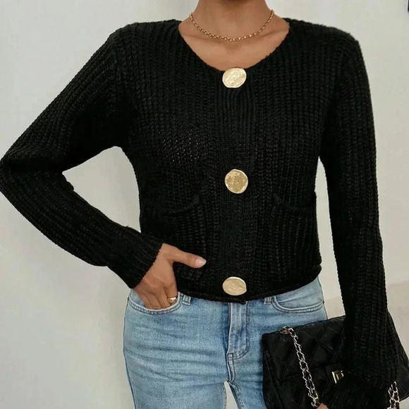 Black Casual Women's Crew Neck Front Button Up Long Sleeve Cardigan - Picture 4 of 5